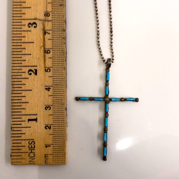 Jewelry - Silver and turquoise cross on long sterling chain